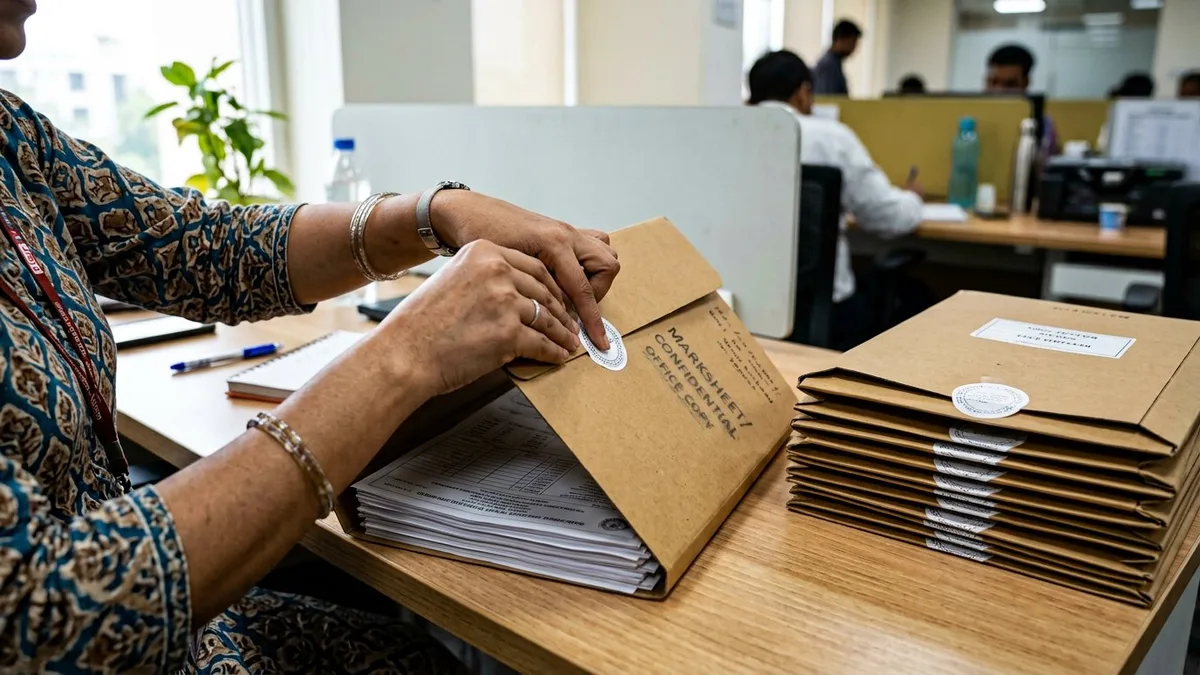 Customer sealing documents inside a rigid folder before courier pickup in Burhanpur