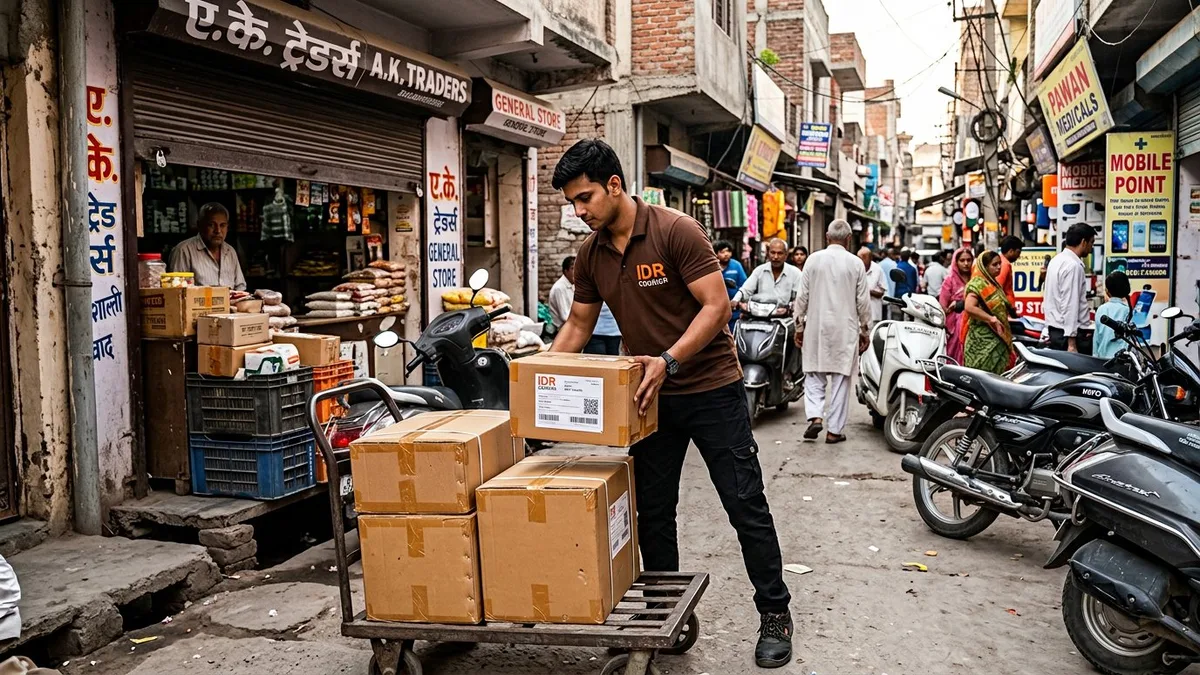 IDR executive collecting sealed business shipments outside a Burhanpur premises