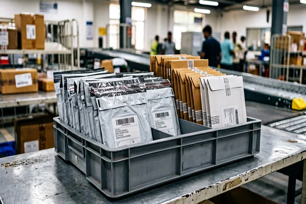 Organized stack of sealed tamper-evident document envelopes in Jabalpur sorting facility