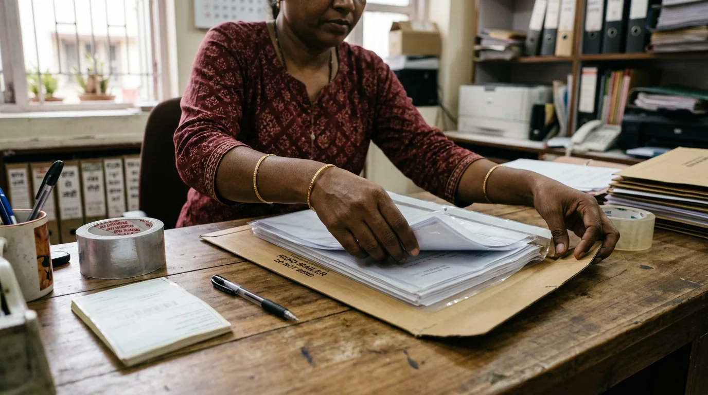 Hands placing papers into a rigid document mailer with protective backing