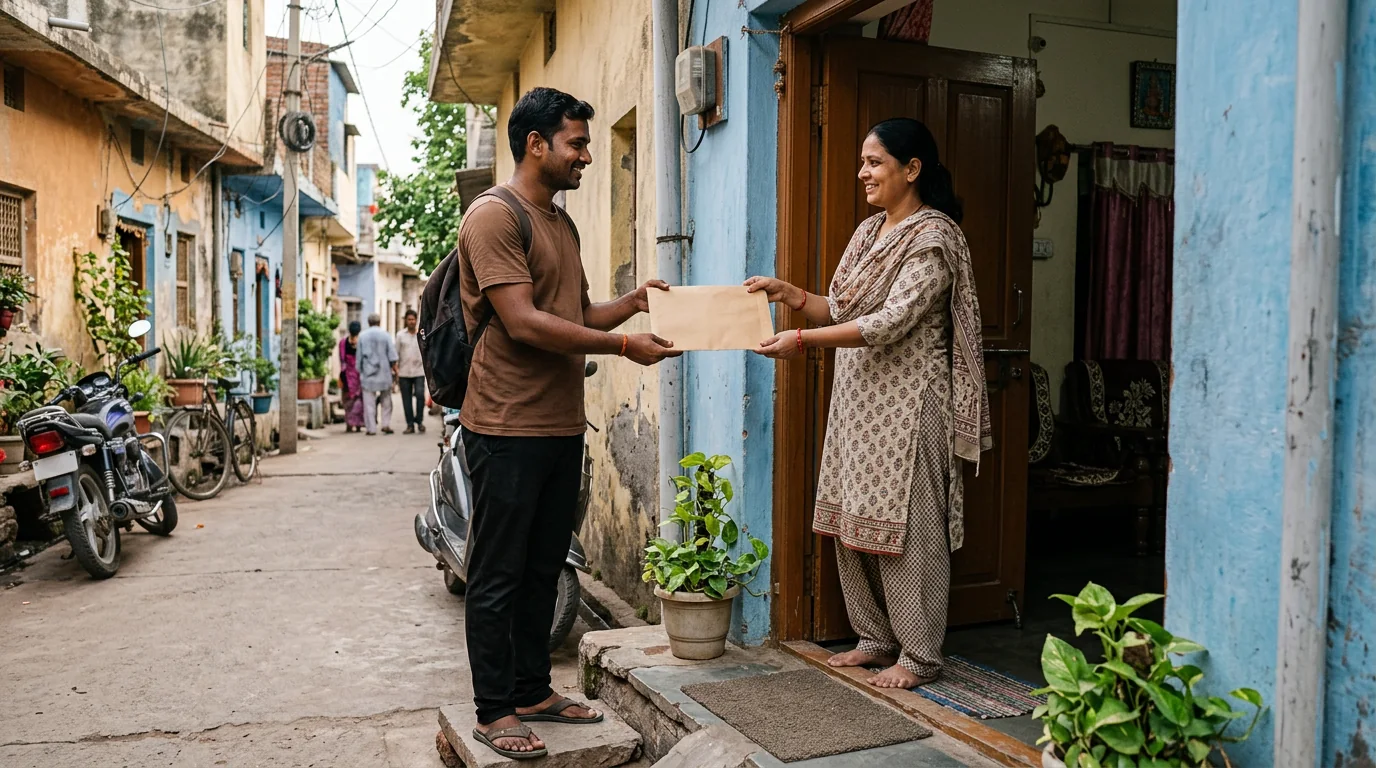 Courier worker in a plain brown shirt receiving a sealed document packet from a customer