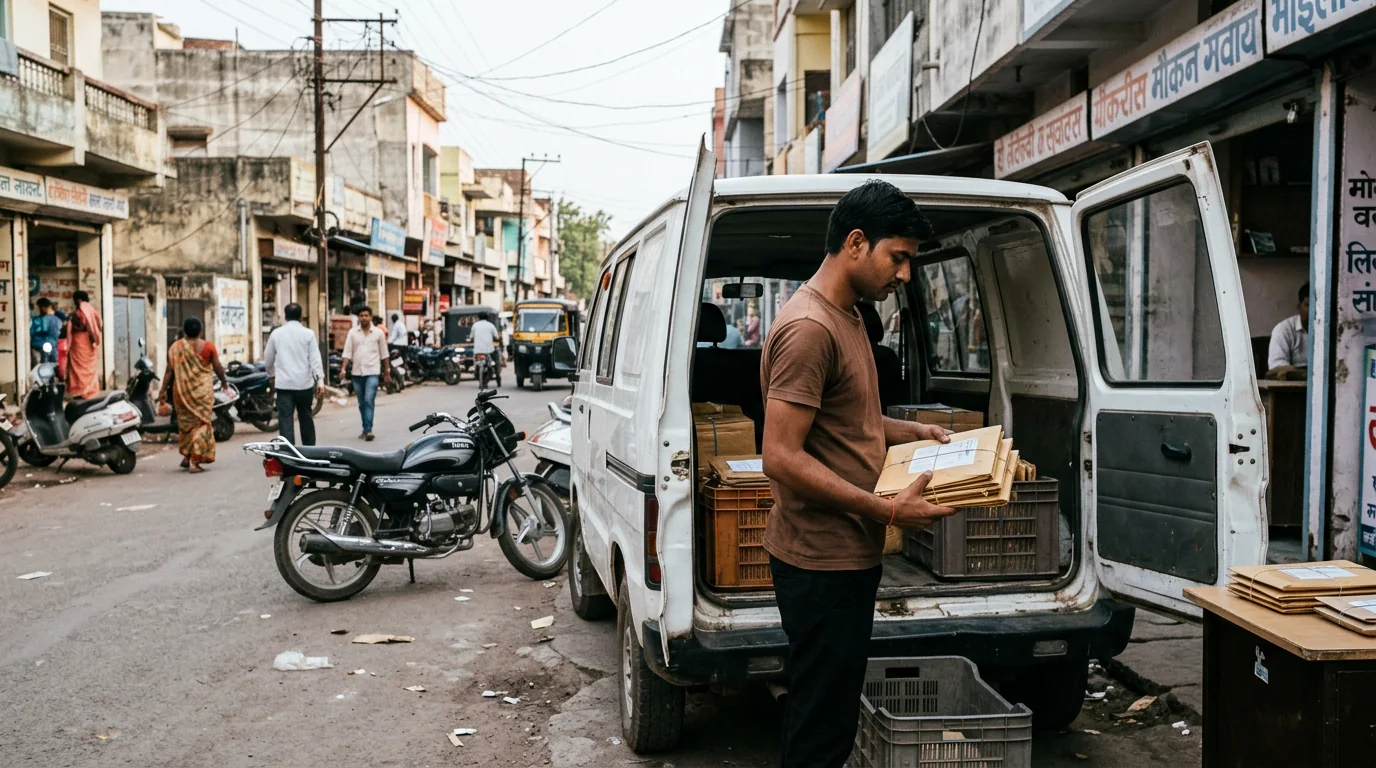 Courier worker loading sealed document packets for onward city transport
