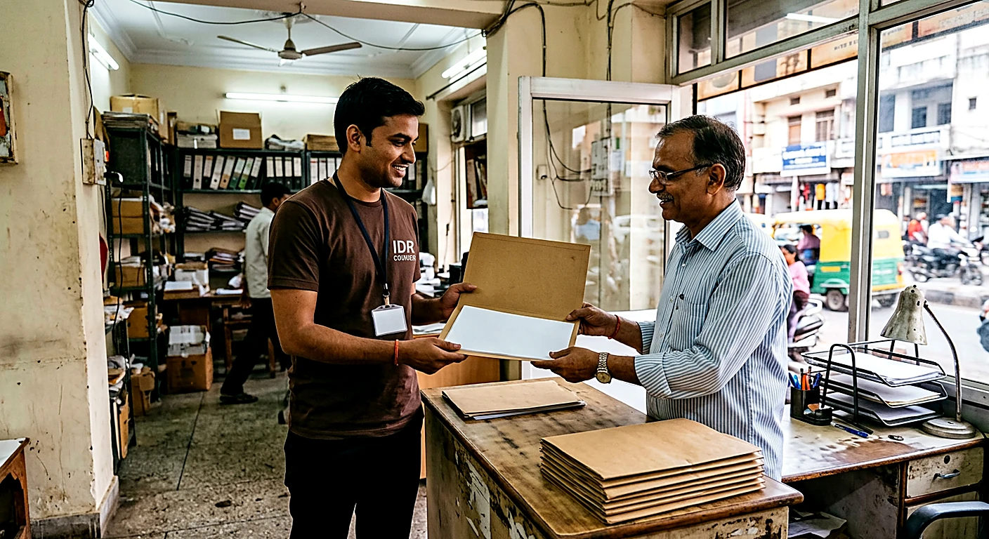 Courier accepting a folder of business documents from a Kota shop owner