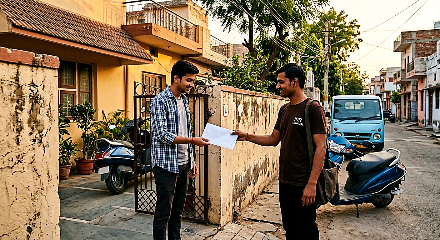 IDR Courier staff delivering a sealed document envelope at a residential address