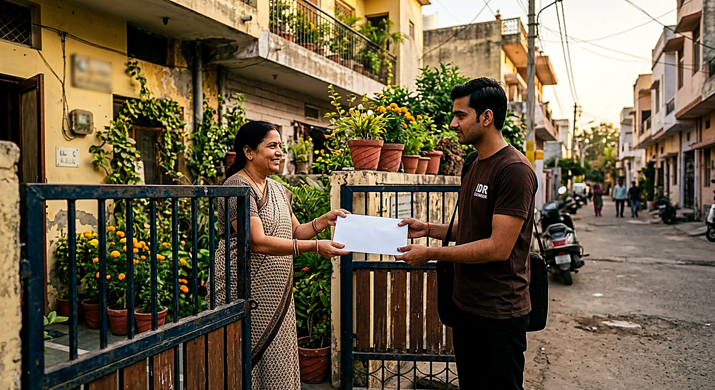Sealed document envelope being handed over for courier dispatch in Kota