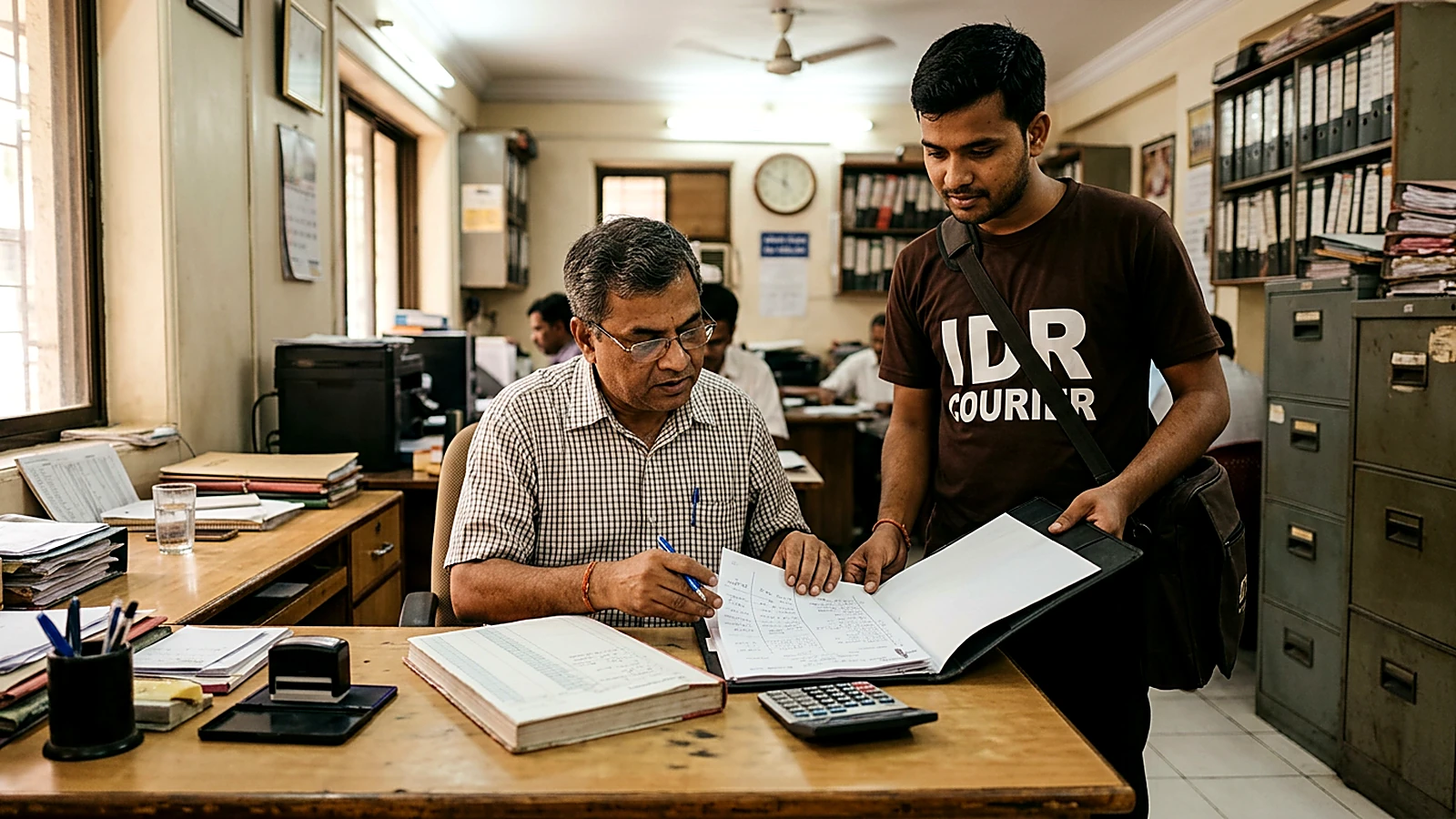 Courier accepting a folder of business documents from a Mandsaur shop owner