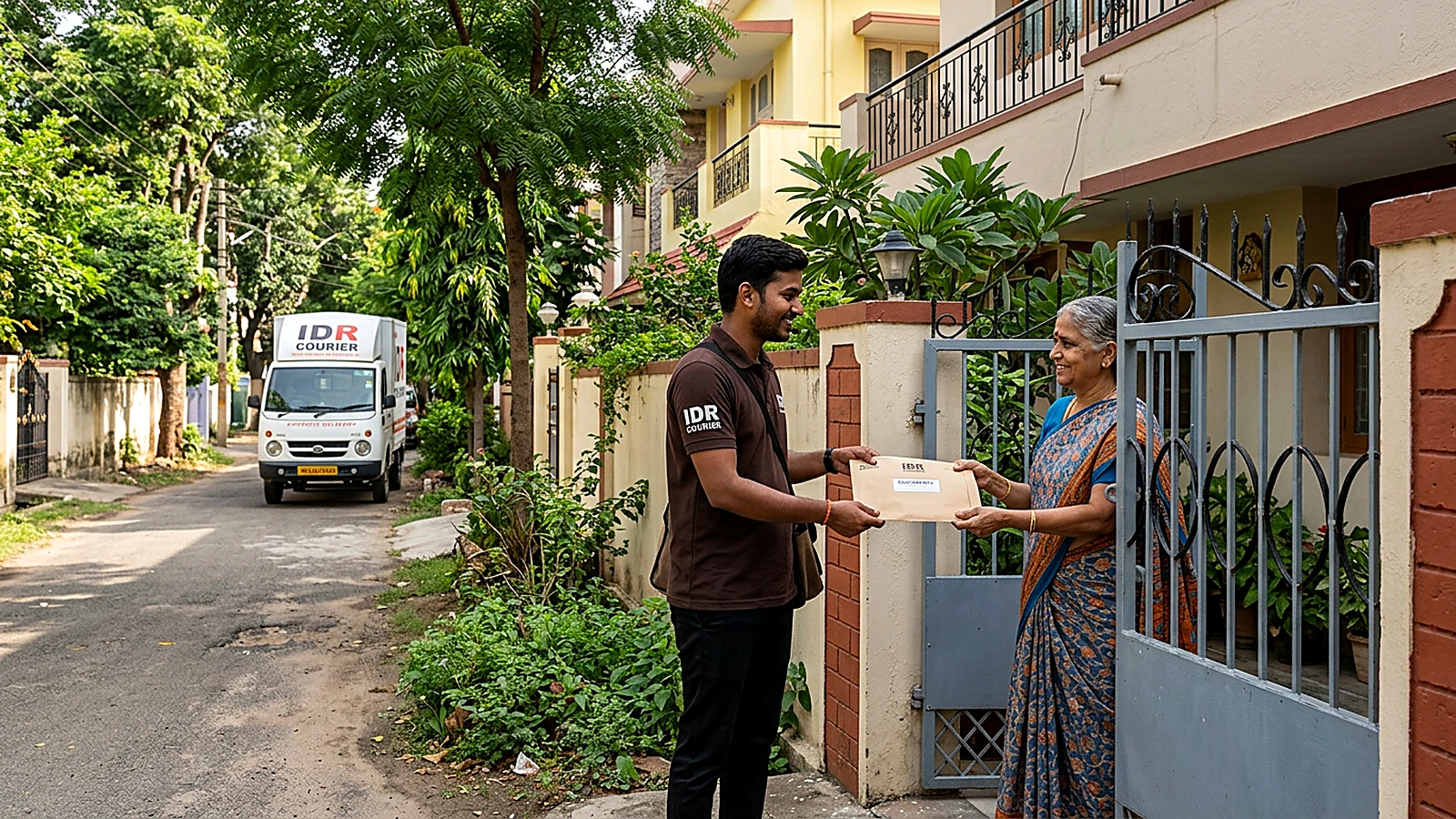 IDR Courier staff delivering a sealed document envelope at a residential address