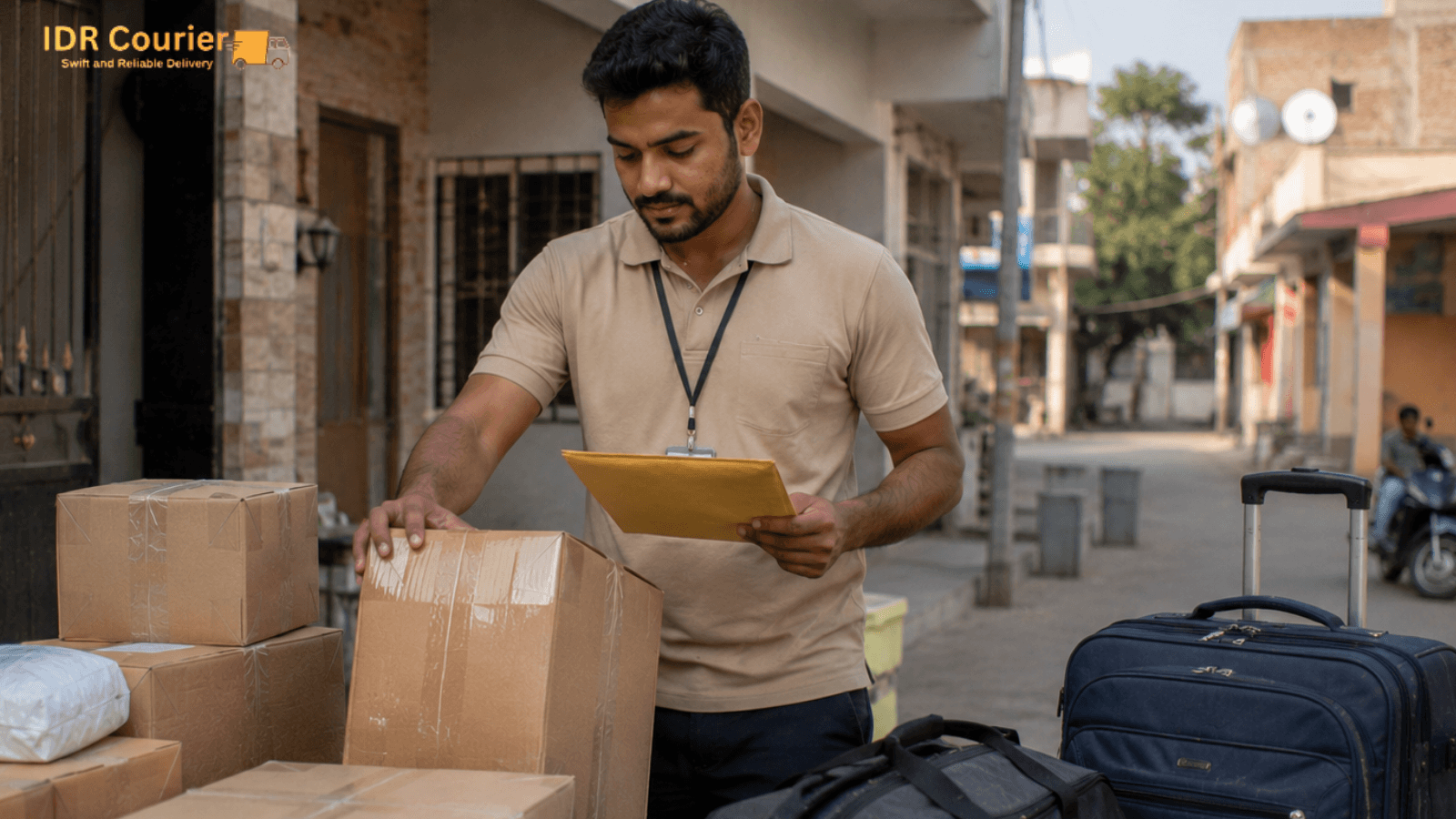 Business documents, folders and envelopes prepared for courier dispatch in a Mumbai office