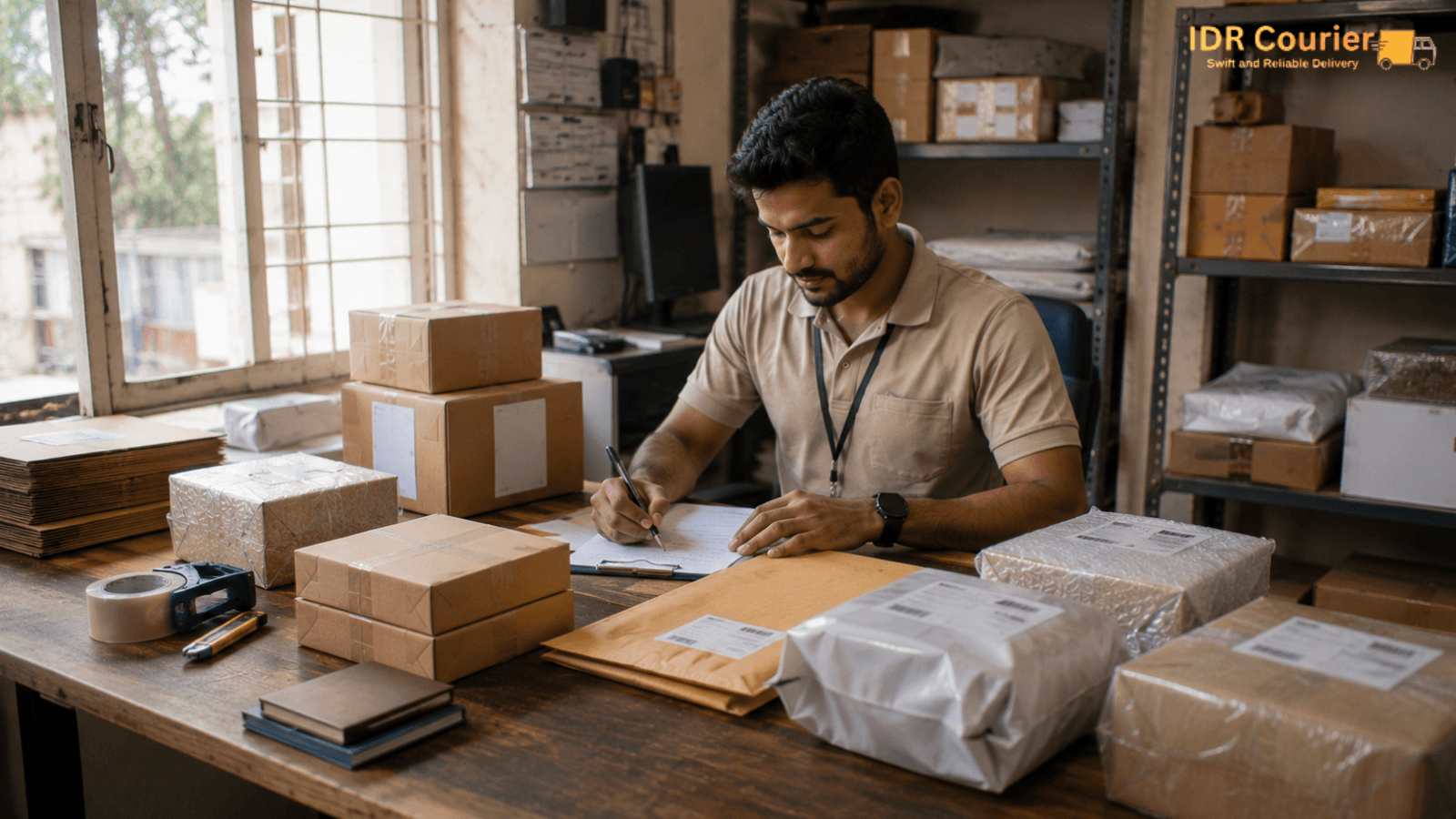 Courier executive collecting a sealed document envelope from a customer at their Mumbai doorstep