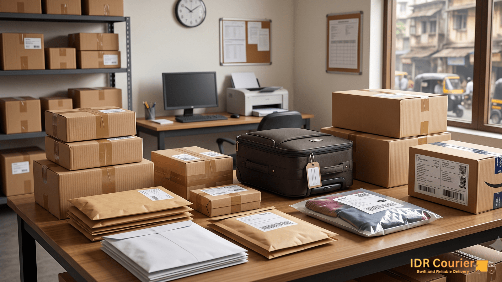 Courier executive preparing document shipments for transportation from Mumbai to other Indian cities