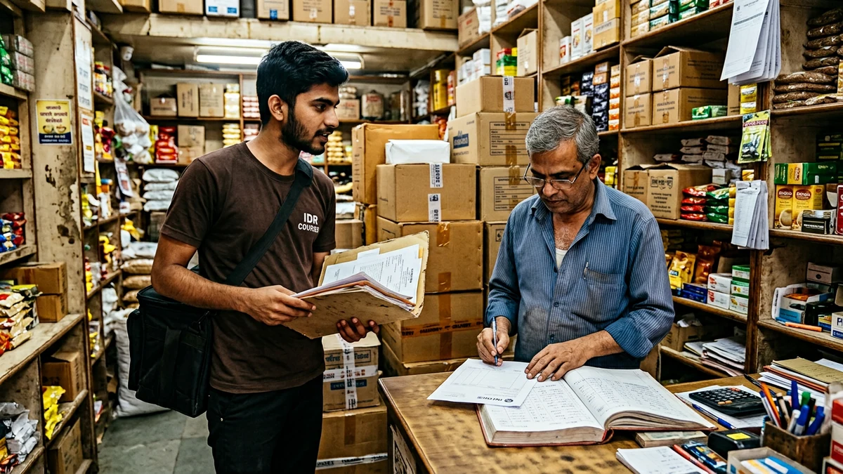 Courier accepting a folder of business documents from a Neemuch shop owner