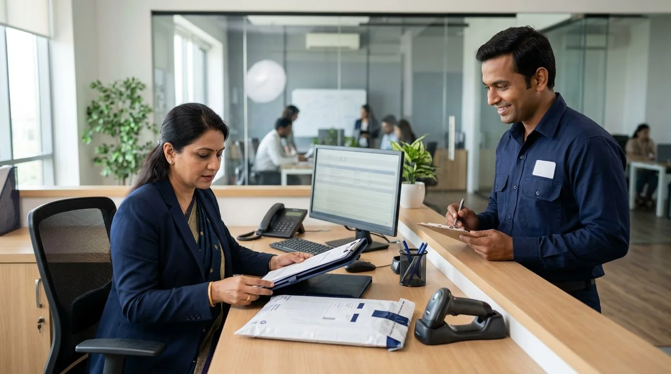 Business staff reviewing a sealed document packet with a courier professional