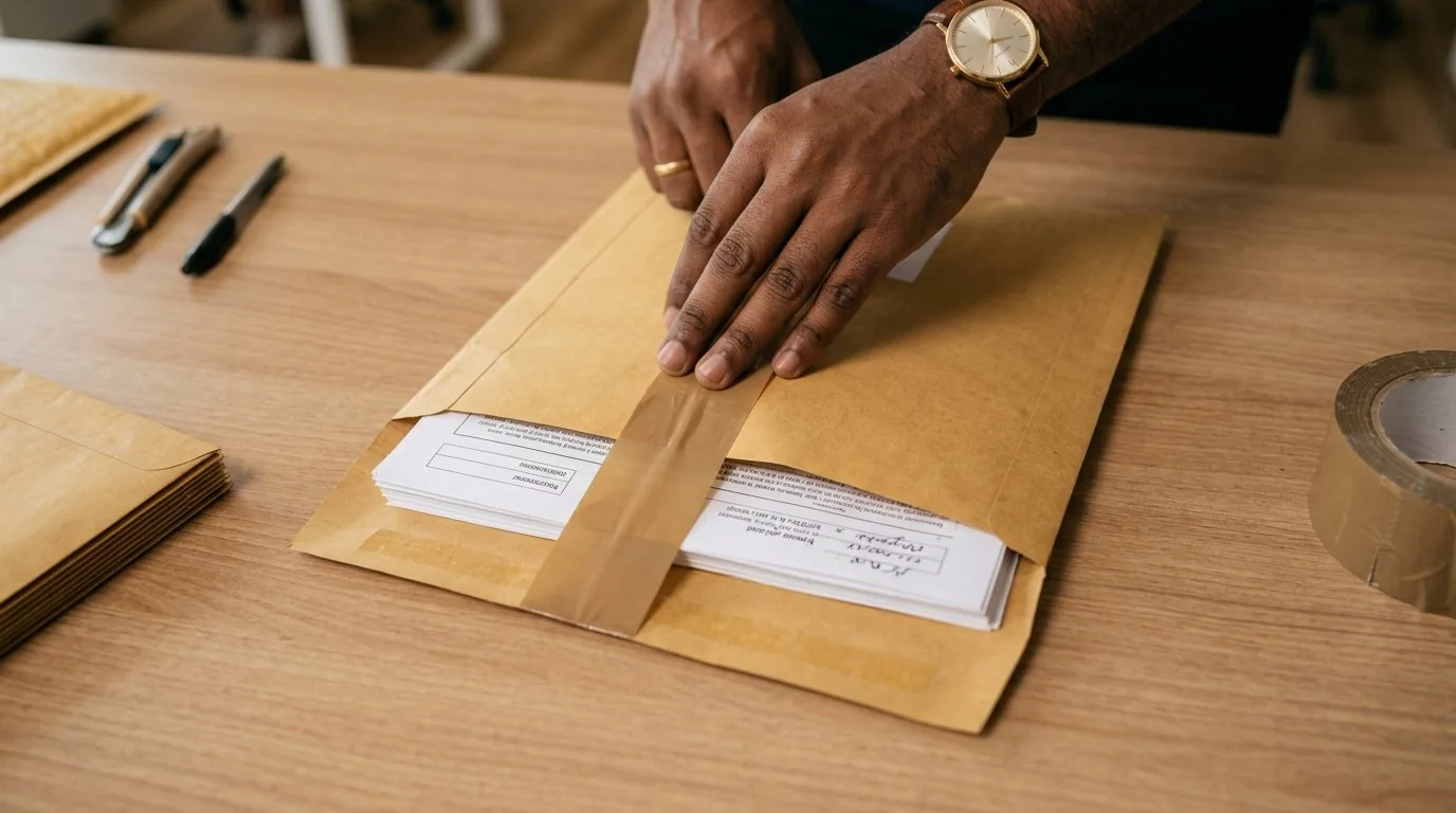 Sender placing business papers into a protective document envelope before courier collection
