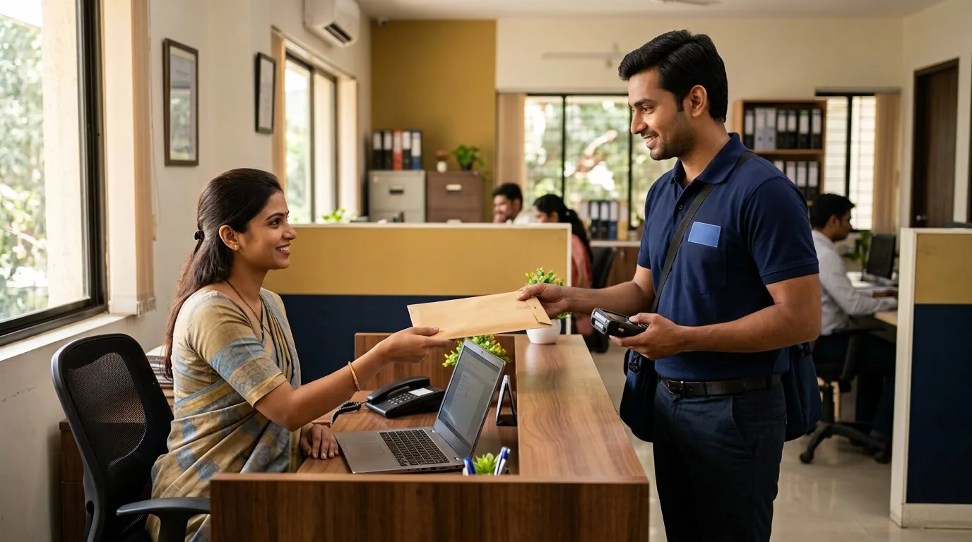Courier professional collecting a sealed document packet at an office reception