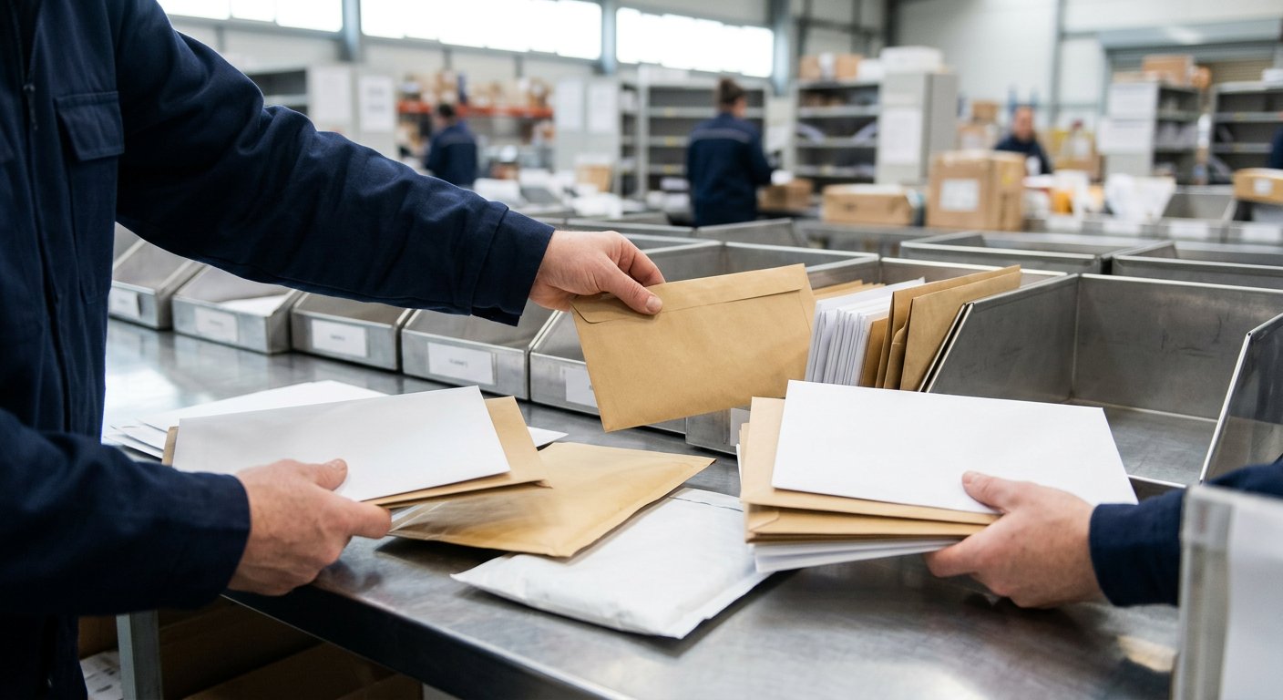 Sealed document envelopes sorted carefully at a courier hub desk