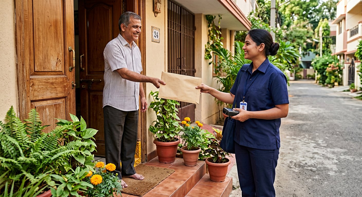 Courier executive receiving a sealed document envelope at a doorstep in Pune