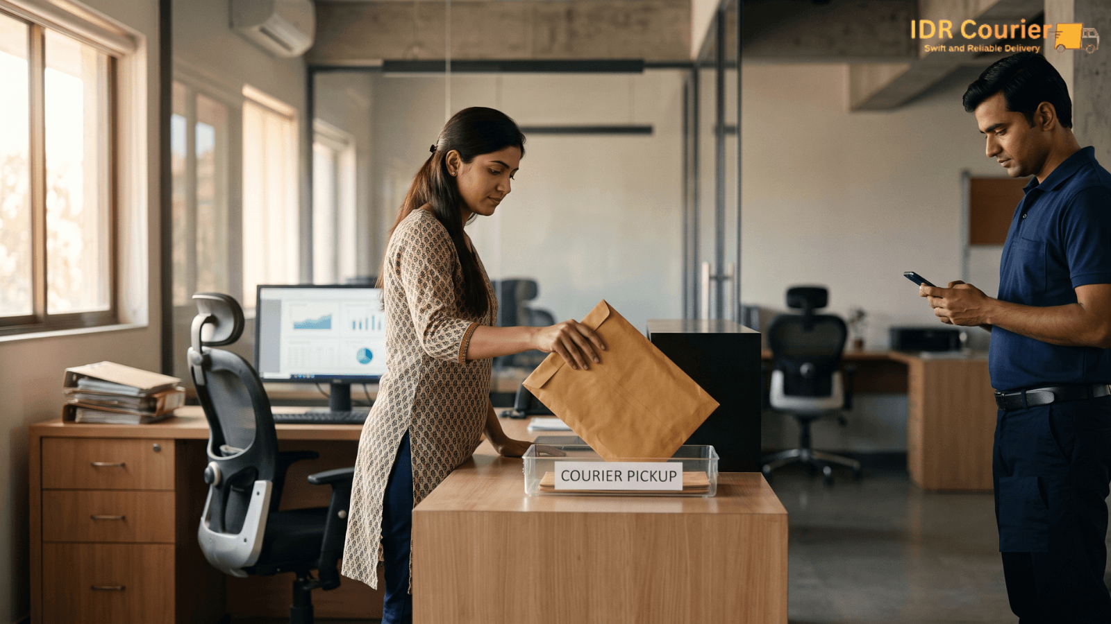 Office employee handing business documents to a courier executive in Ratlam