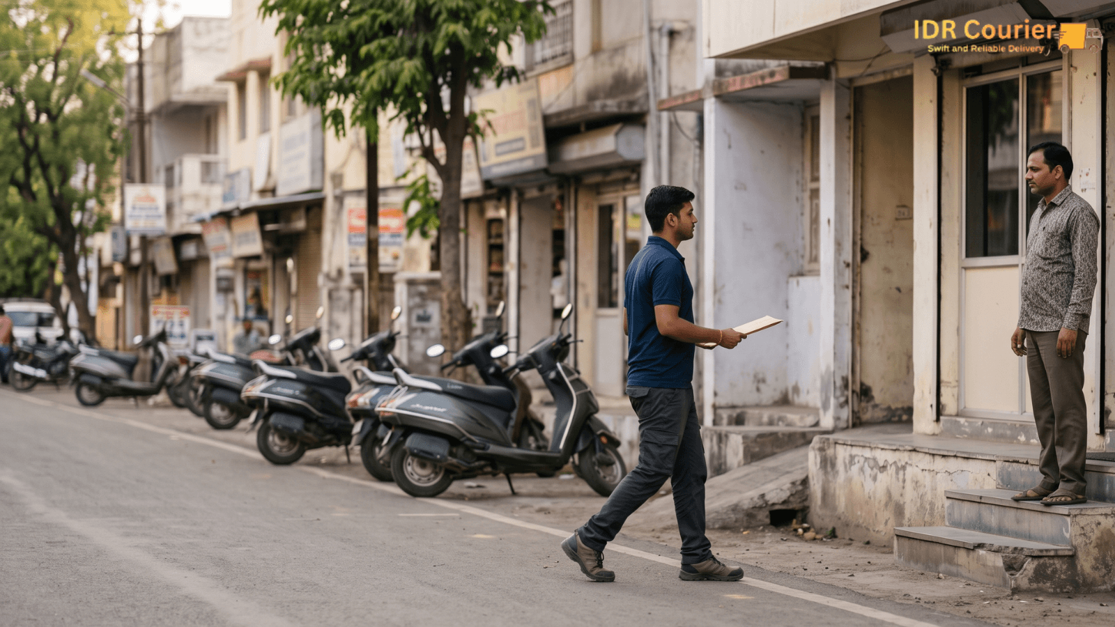 Courier executive delivering a sealed document envelope to a recipient at an office
