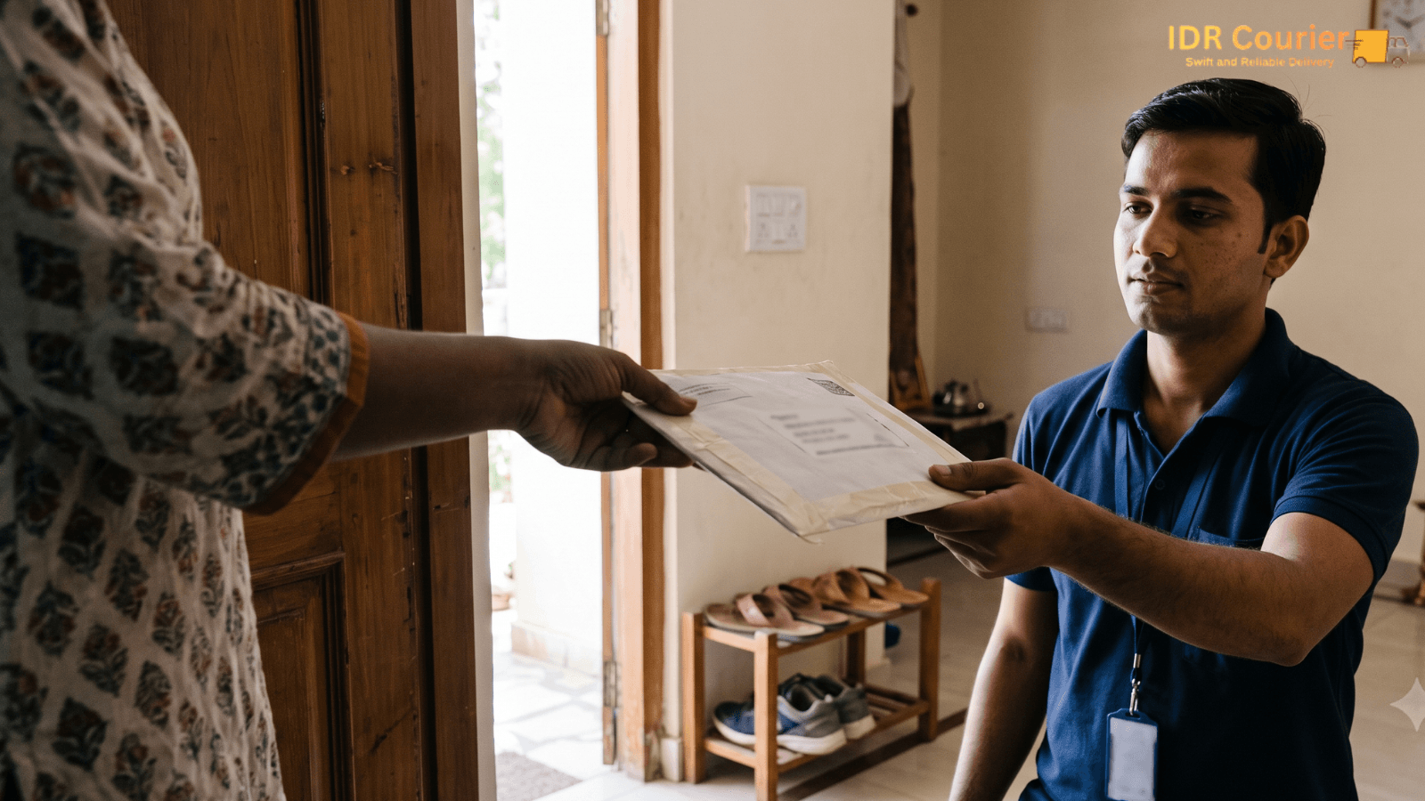Courier executive collecting a sealed document envelope from a customer at a home in Ratlam