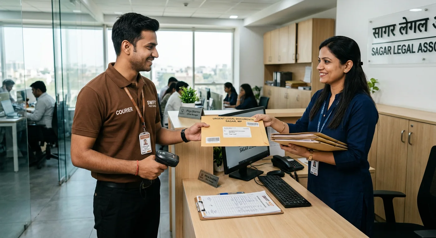 Document courier pickup at Sagar legal office desk