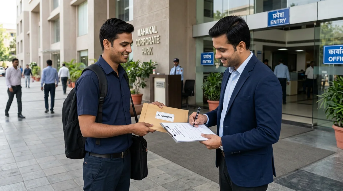 Courier professional completing verified document envelope delivery with recipient signature confirmation