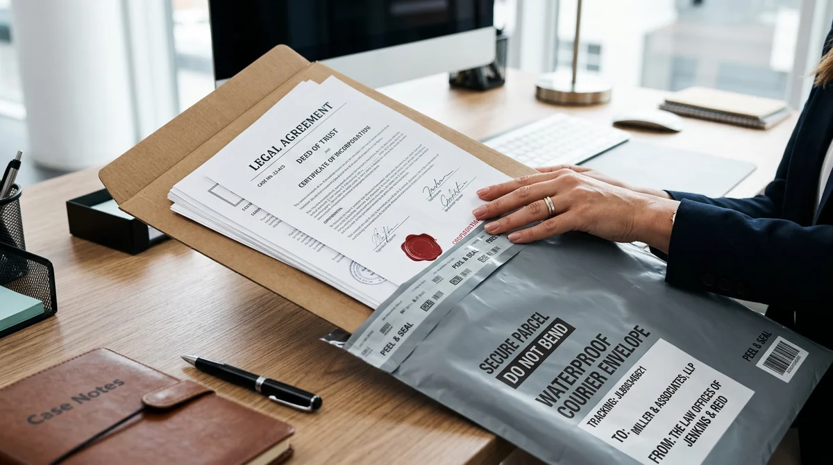 Secure packaging of legal and academic documents inside waterproof envelopes for dispatch from Satna