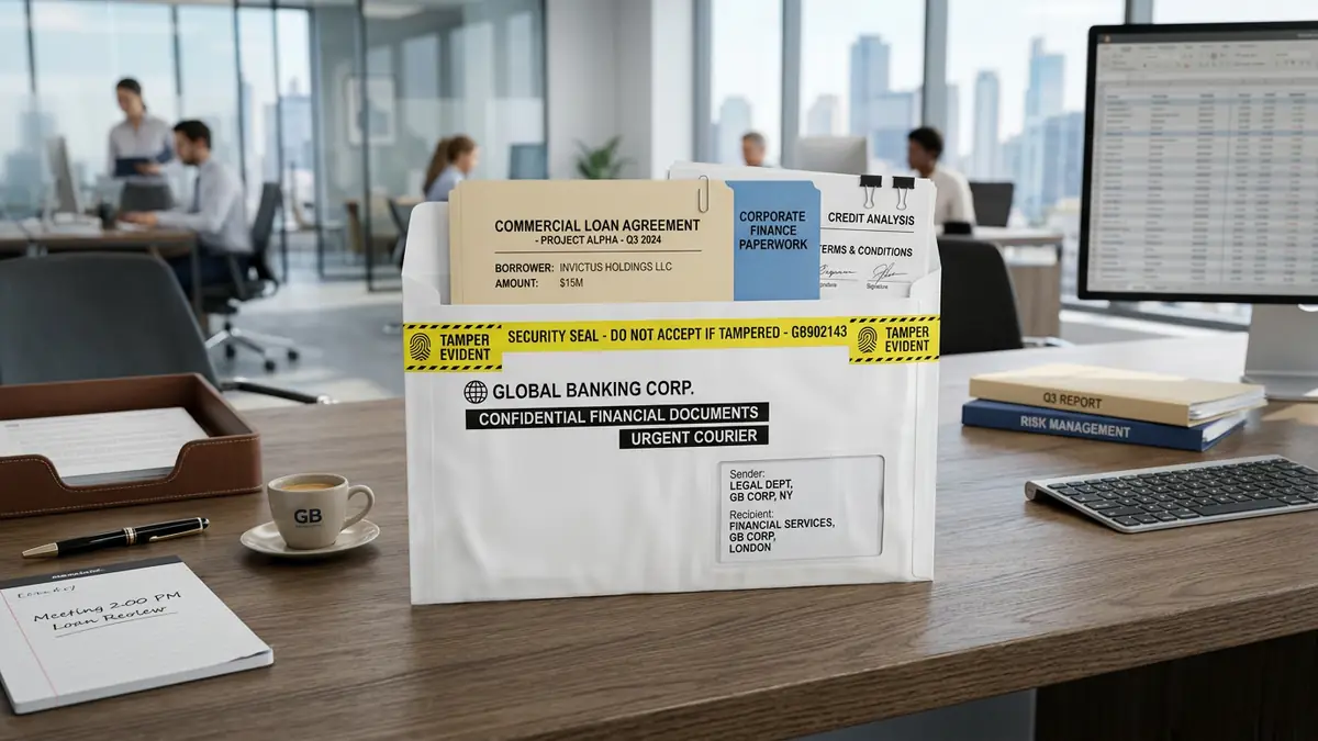 Bank loan documents and cheque books packed for courier