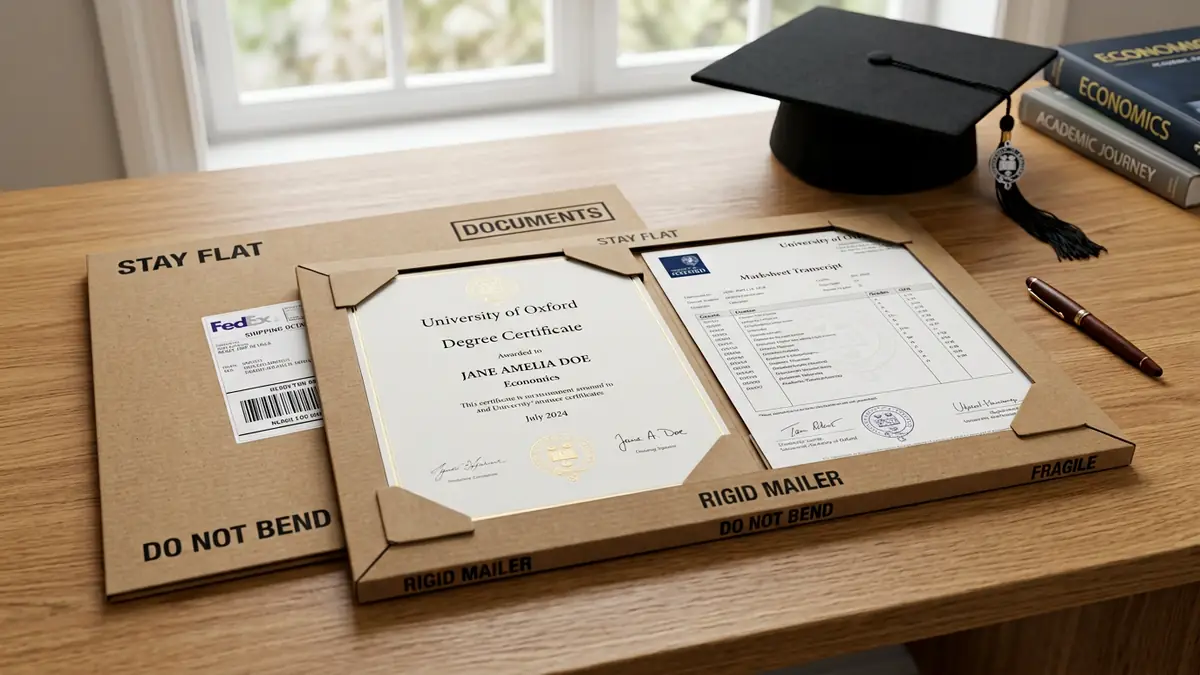 Degree certificate packed in rigid hardboard envelope for courier