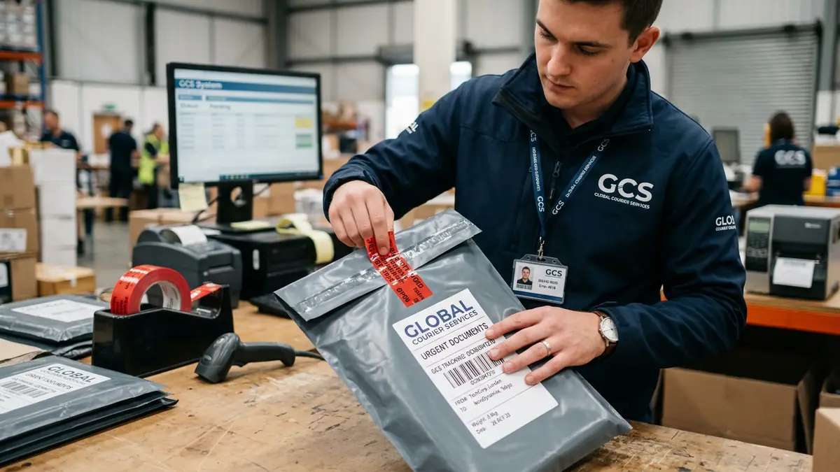 Tamper-proof sealed envelope being prepared for document courier