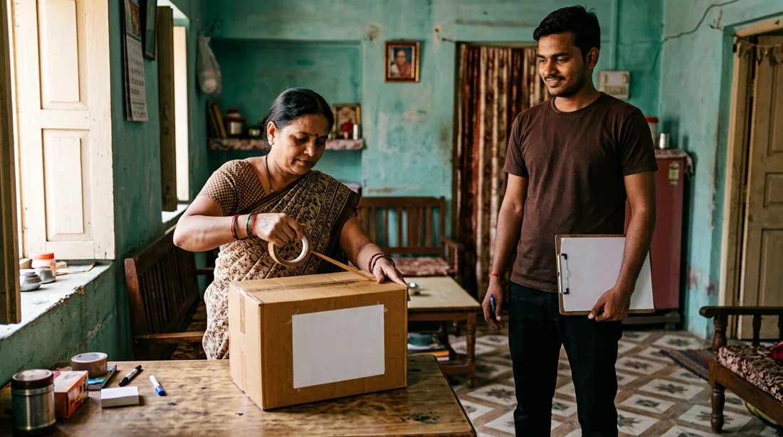 Illustration of a customer preparing a parcel for courier pickup