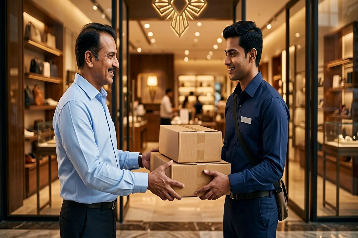 Shop employee handing sealed business cartons to a courier executive at a Dewas shop entrance