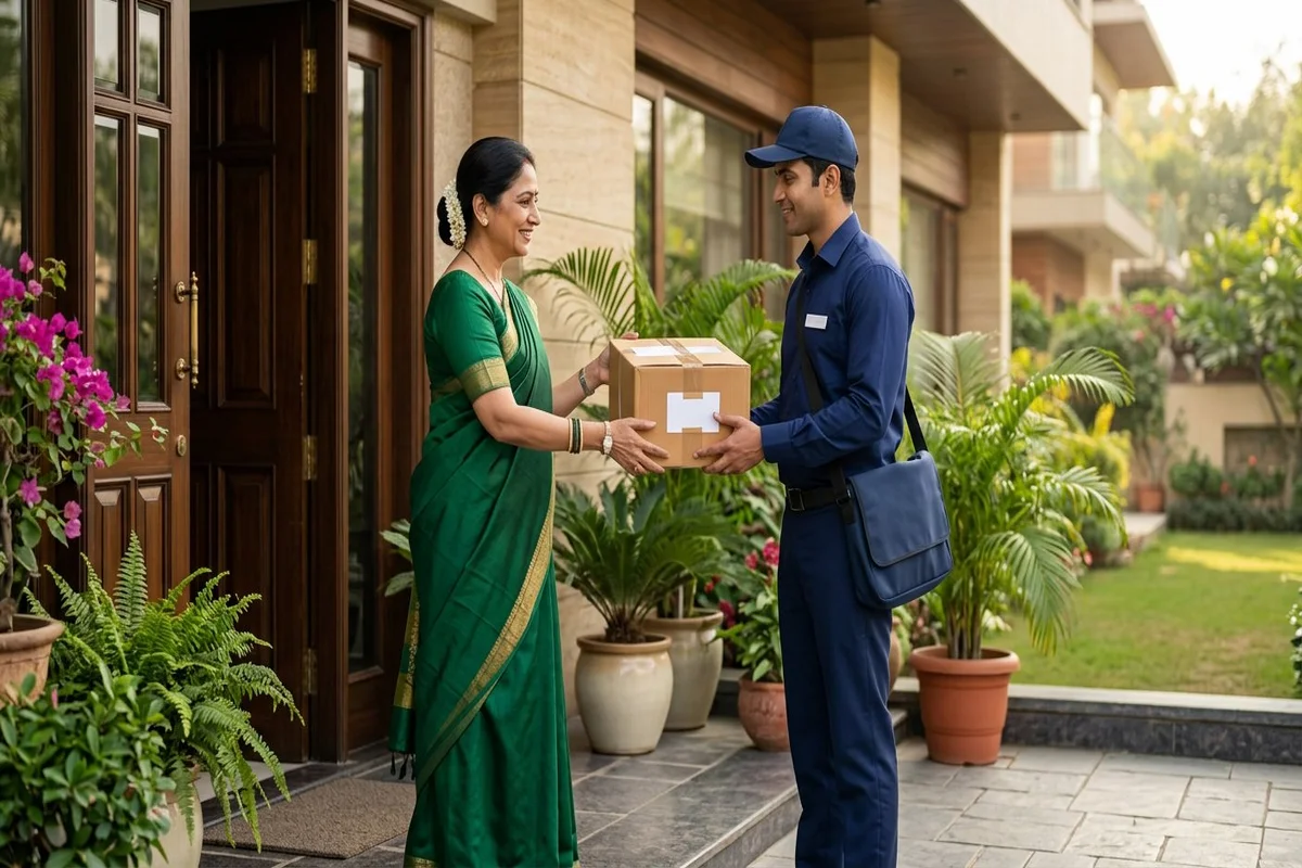Homemaker handing a sealed carton to a courier executive at her home entrance in Dewas