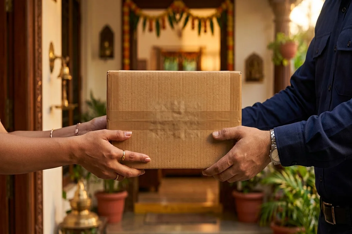 Sealed cardboard parcel being handed over at a Dewas home doorway for courier pickup