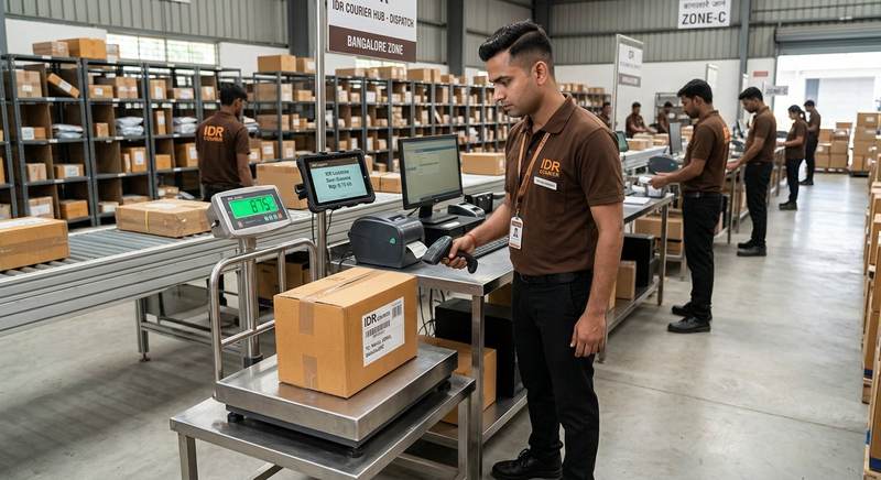IDR Courier staff in brown t-shirt and black pants verifying parcel at hub with digital weighing