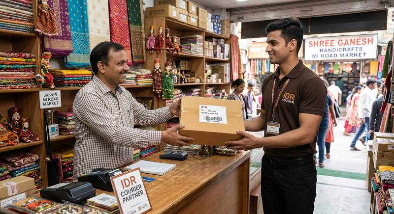 IDR Courier staff in brown t-shirt and black pants collecting parcel at shop counter in Jaipur
