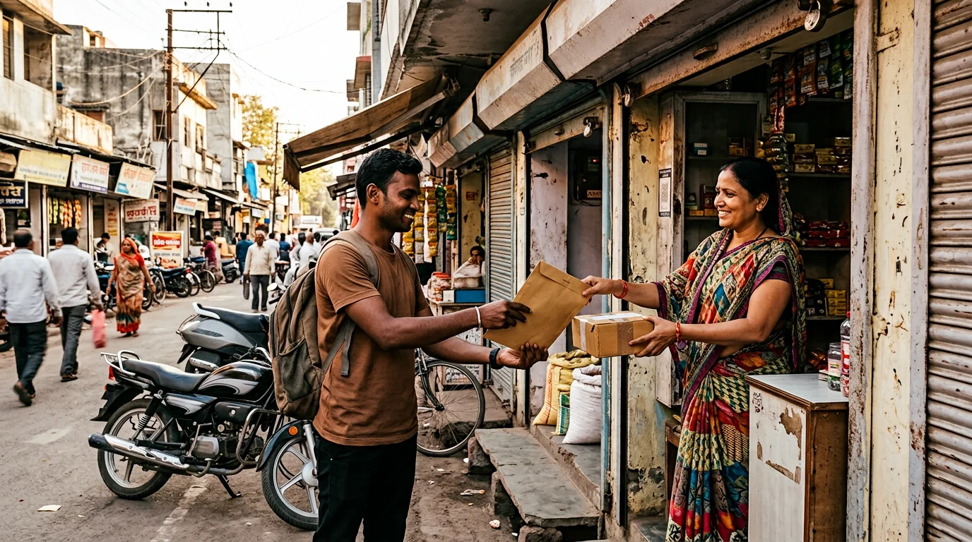 Courier worker collecting a sealed document envelope and business packet at a Khandwa office doorway
