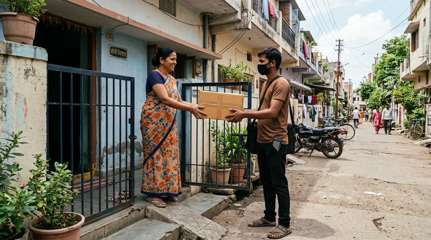 Courier worker collecting a sealed parcel at a Khandwa home doorstep