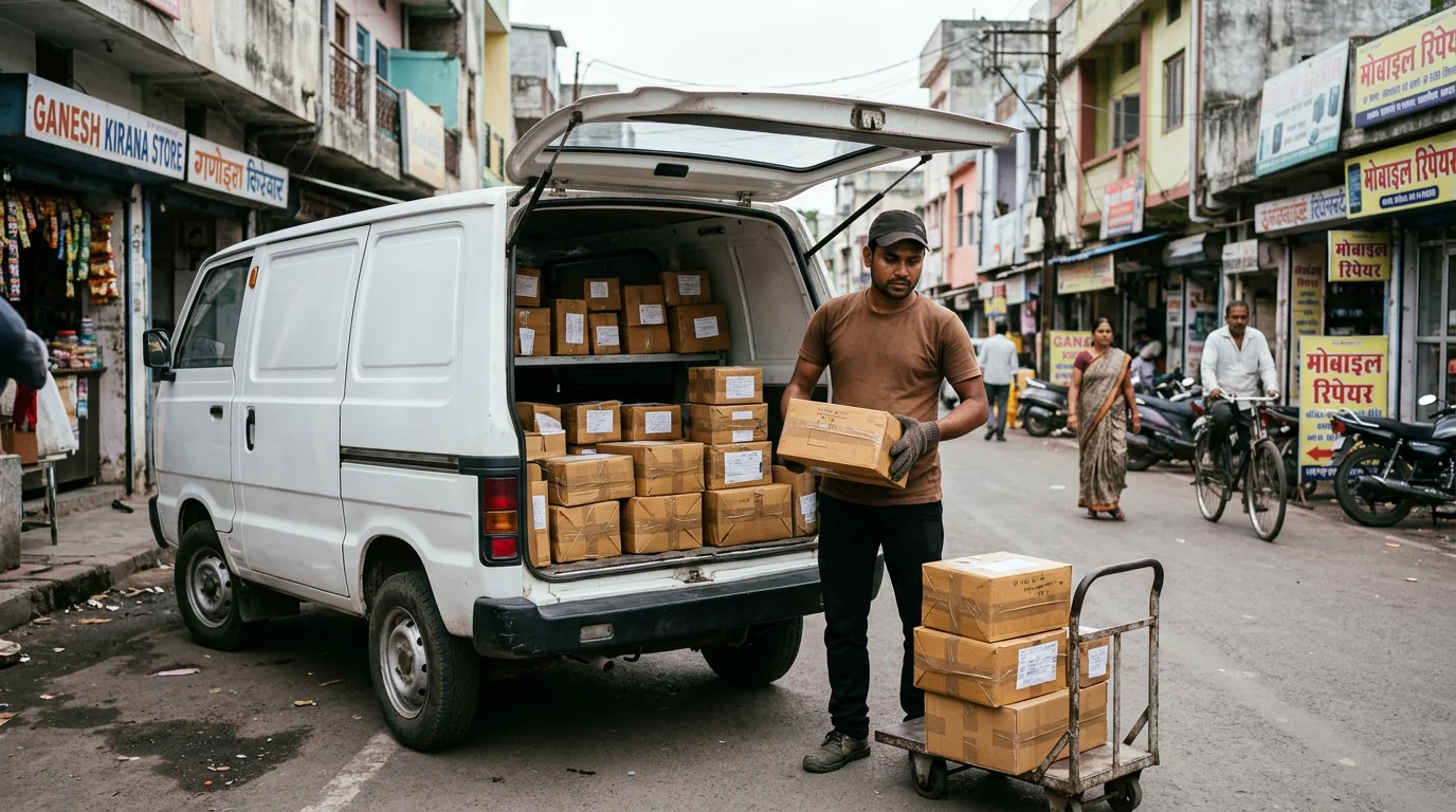 Courier worker loading sealed shipments collected from doorsteps for intercity transport