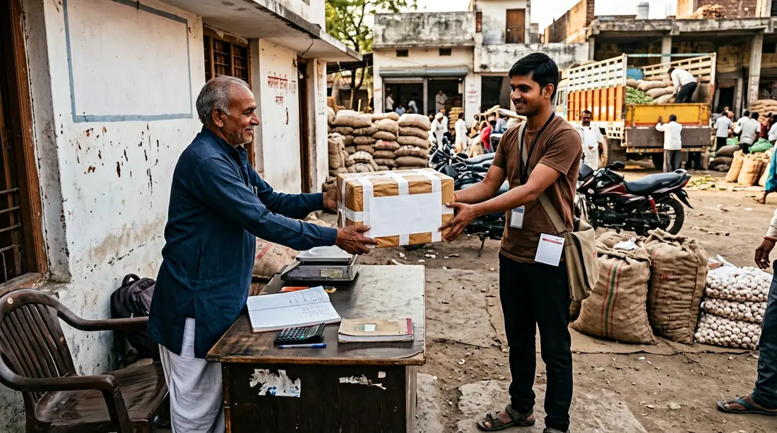 Illustration of a business parcel handover at a market premises