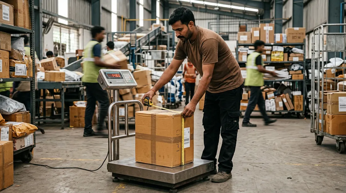 Illustration of a parcel being weighed and measured at a courier hub
