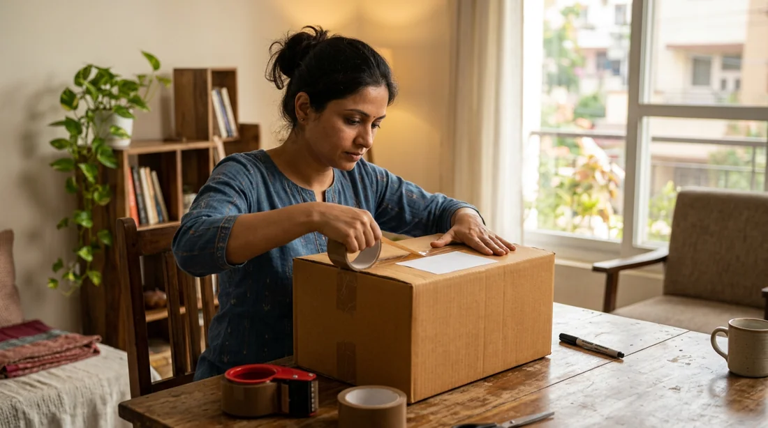 Illustration of a sender packing a carton for doorstep courier pickup