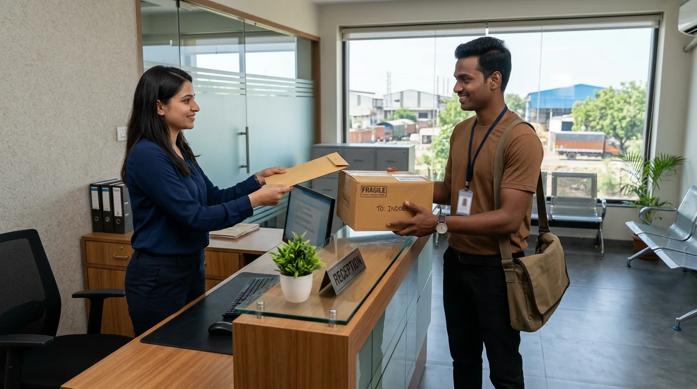 Business courier pickup from a Pithampur office by staff wearing brown T-shirts and black pants