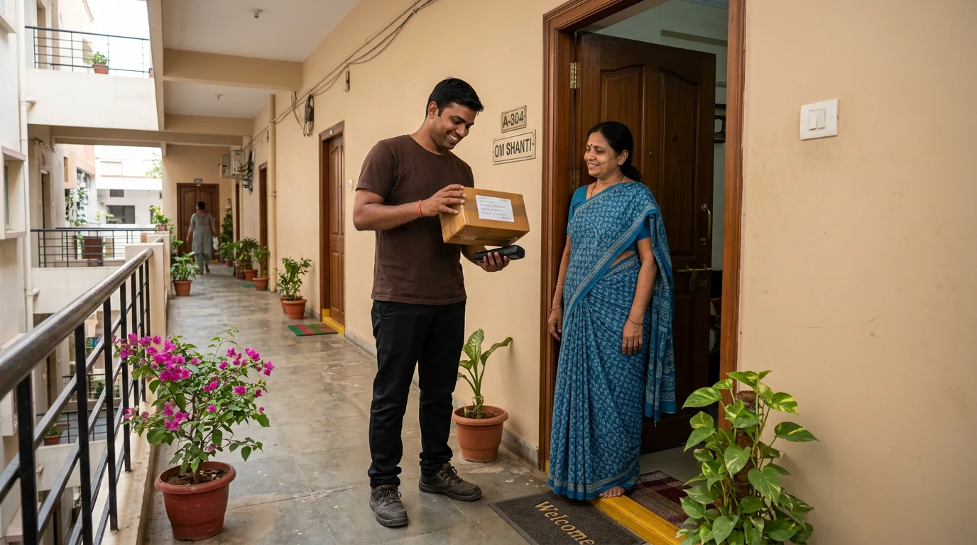 Courier worker in brown T-shirt and black pants discussing a doorstep pickup with a Pithampur resident