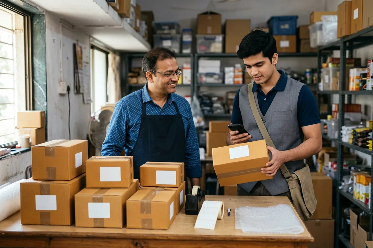 Pune e-commerce seller handing prepared cartons to an unbranded courier executive