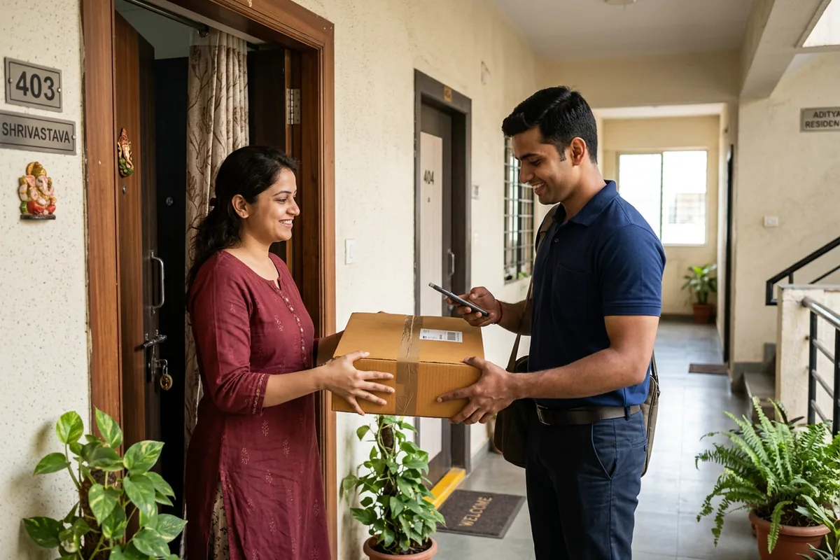 Courier executive collecting a sealed parcel from a resident at a Pune home doorway