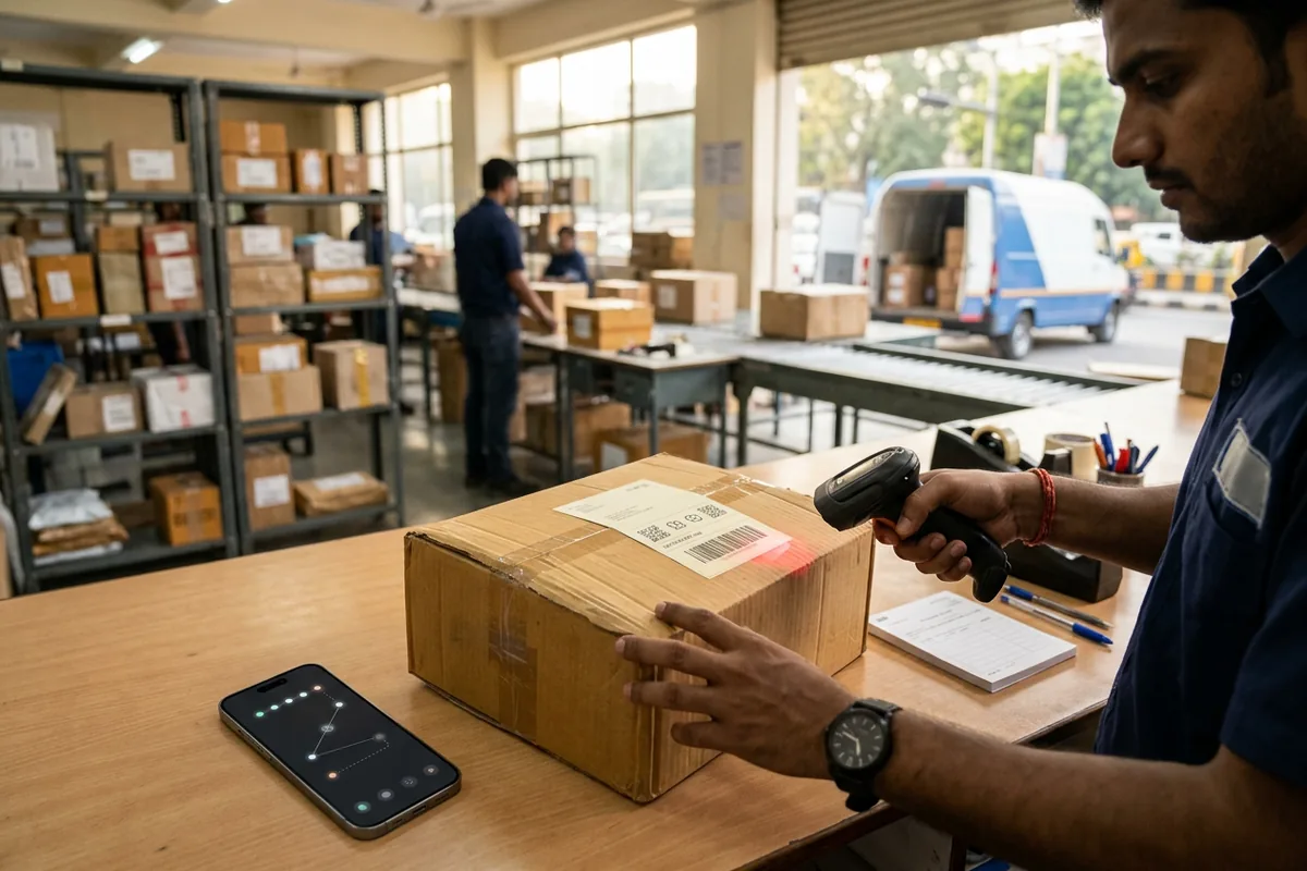 Courier worker scanning a sealed parcel at a dispatch counter