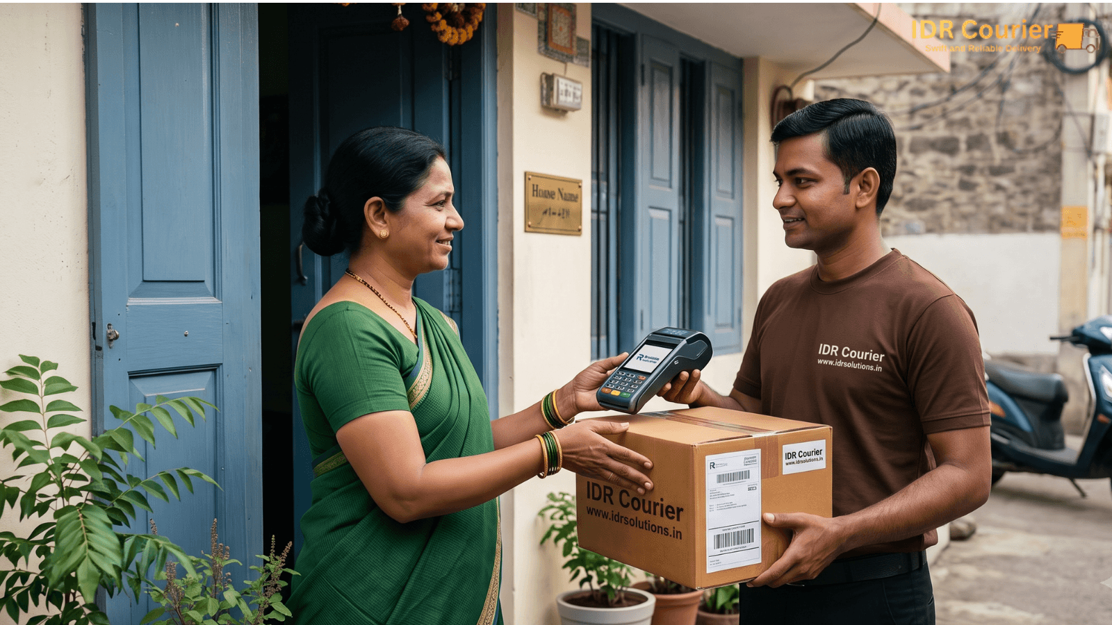 Courier executive delivering a shipment to a recipient after doorstep pickup from Ratlam