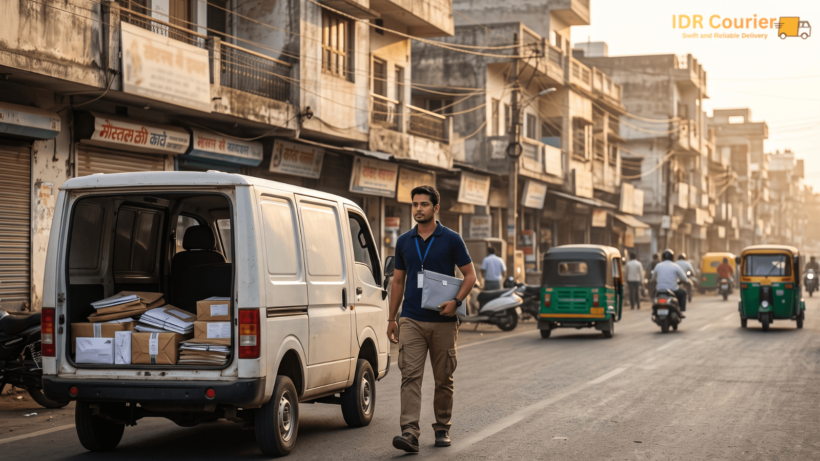 Courier executive collecting a packed shipment from a home doorstep in Ratlam