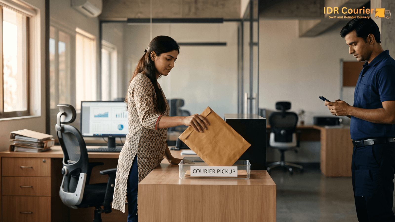 Courier executive collecting a sealed business shipment from an office in Ratlam