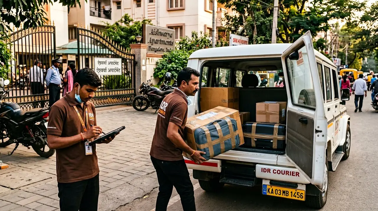 IDR Courier staff in brown t-shirt and black pants loading sealed parcels into a delivery van